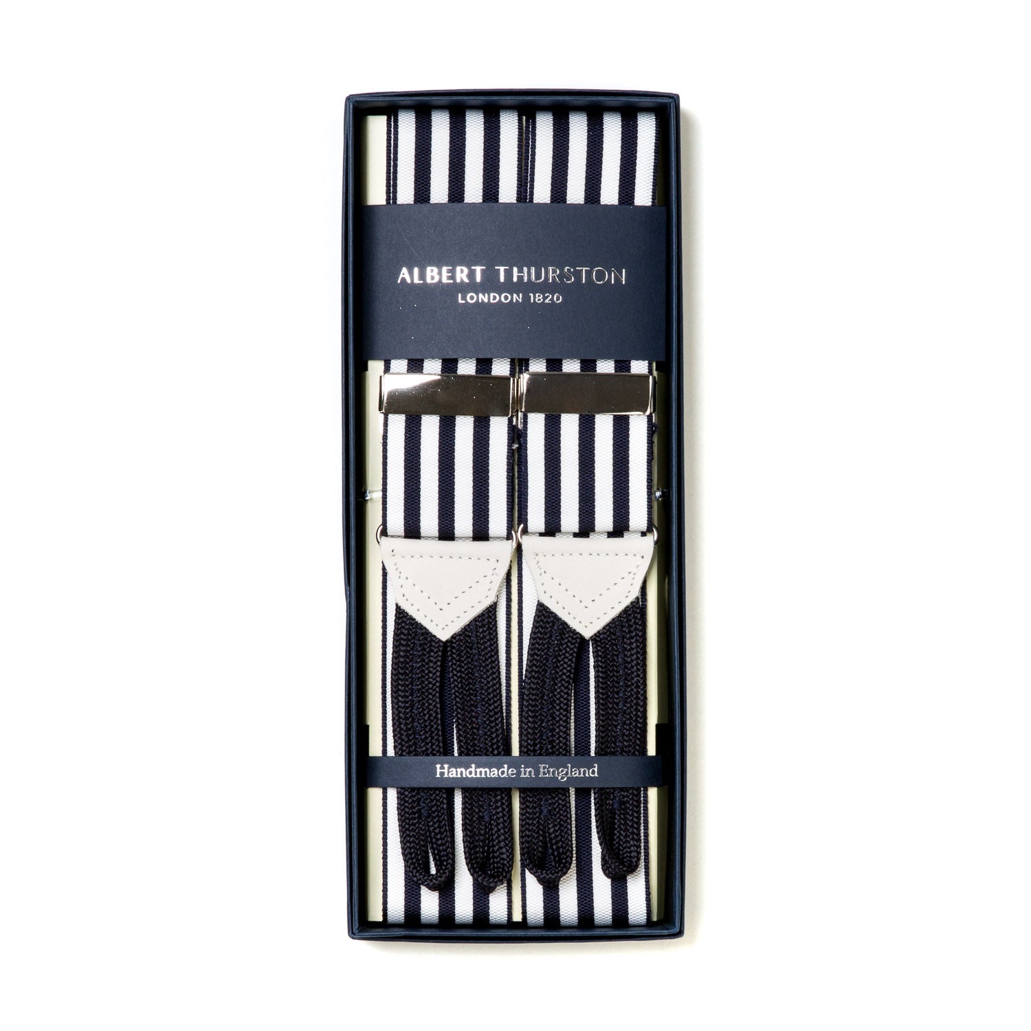 Dark Blue and White Striped Button Suspenders